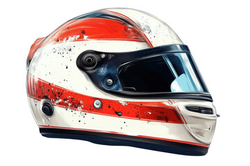 Fototapeta premium A racer s weathered helmet displays tales of thrilling races adorned with vivid red stripes on transparent background
