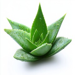 Close-up of a fresh green succulent plant with water droplets on its thick, pointed leaves against a pure white background