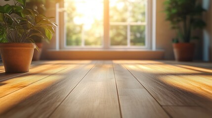 Sunlit room with wooden floor and potted plants near sunlit window creating a warm and peaceful atmosphere