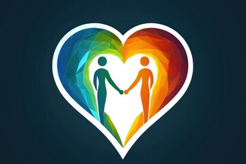 Two abstract human figures holding hands inside a colorful heart shape with a gradient from cool blue and green tones to warm red and orange hues on a dark background symbolizing unity and connection