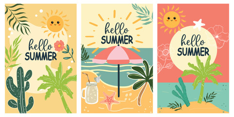 Hello Summer Vector Illustration Set with Tropical Elements.