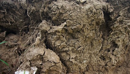 Closeup of soil texture, the background of the soil texture is brown, uneven and cracked.