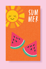 Summer Vector Design with Smiling Sun and Watermelon Slices.