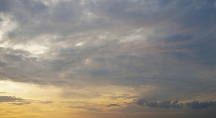 Obraz premium The slightly cloudy afternoon sky with black clouds highlighted by the yellow afternoon sunlight looks beautiful and dramatic.