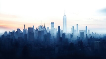 Silhouetted city skyline with tall skyscrapers emerging from morning mist under a soft pastel sky