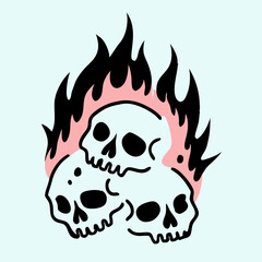 Three Skulls engulfed in Flames Tattoo Design