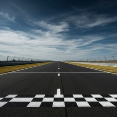 Fototapeta premium Empty Racing Track with Finish Line Under Blue Sky Photo