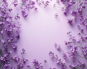 Delicate small purple flowers arranged in a frame with empty lavender background space in the center creating a calm and elegant floral border