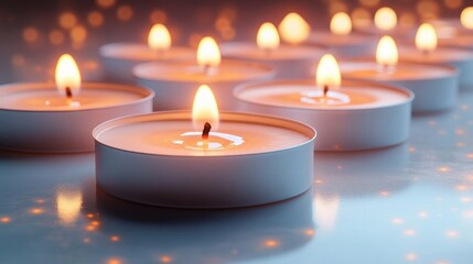 Close-up of multiple small lit tealight candles arranged on a reflective surface creating a warm, soft, and peaceful ambiance