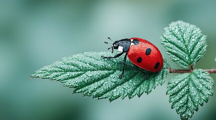 Obraz premium Ladybug on a dewy leaf.