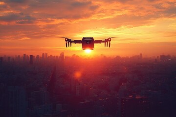 Small drone flying over cityscape during vibrant orange sunset with silhouette of buildings and glowing sun on horizon