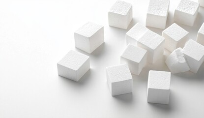 Close-up of multiple white sugar cubes and one partially broken cube scattered on a clean white surface