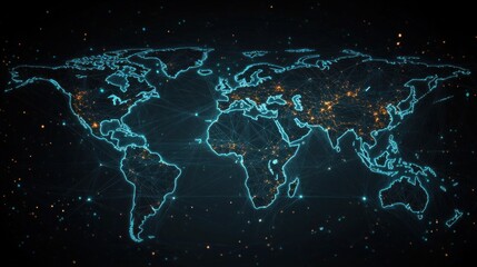 Digital world map with glowing network connections highlighting illuminated urban areas and global connectivity
