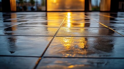 wet reflective floor tiles with warm golden sunlight shining through window creating blurred reflections and glowing ambiance