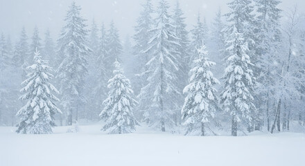 Naklejka premium snow covered trees in the forest.Serene Winter Forest with Snow-Covered Pine Trees During Snowfall
