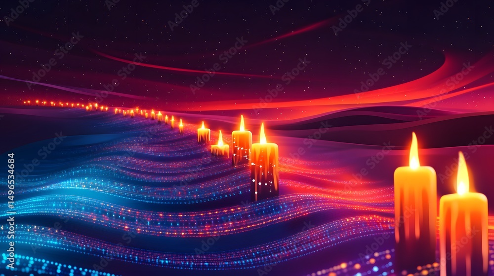 Poster abstract display of burning candles on a dynamic surface.