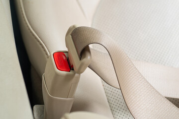 Properly secured car seat safety belt ready for use in a vehicle interior