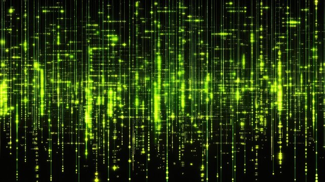 Abstract green digital rain; glowing particles cascade down a dark background