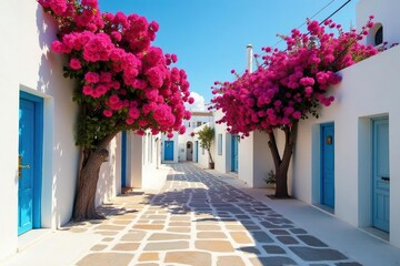 Fototapeta premium Sun-drenched whitewashed buildings, vibrant bougainvillea , summer, white
