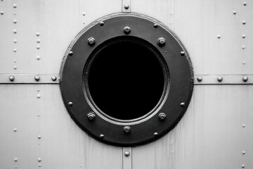 close-up of black circular porthole with bolts on textured grey metal surface