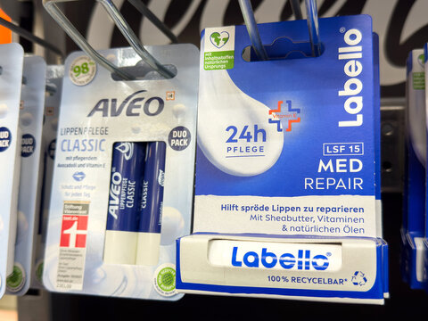 Lip care products display with aveo and labello packaging