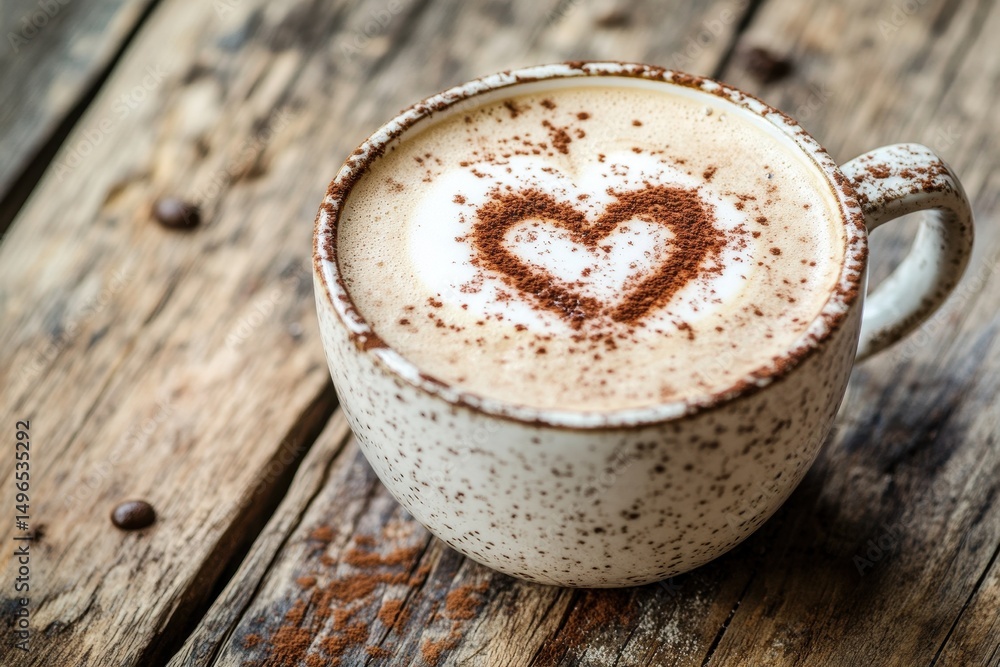 Poster cappuccino with heart pattern in froth on rustic wooden table, cup of cappuccino with heart pattern 
