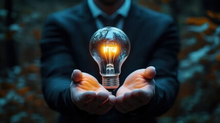 Person wearing dark clothing holding glowing light bulb with outstretched hands symbolizing idea or innovation