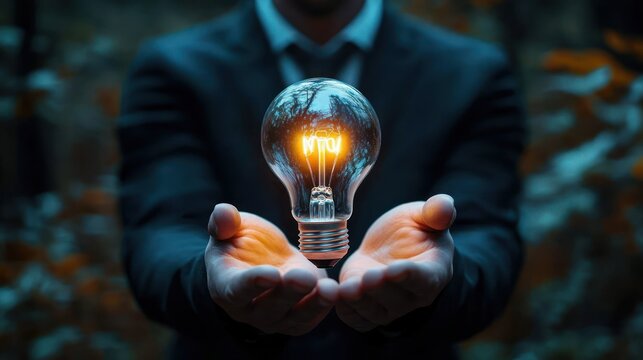 Person wearing dark clothing holding glowing light bulb with outstretched hands symbolizing idea or innovation