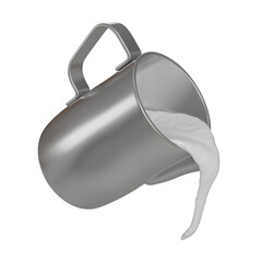 Realistic 3D render of a silver stainless steel frothing pitcher pouring a smooth stream of milk