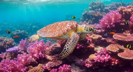Fototapeta premium Hawksbill Sea Turtle in Vibrant Coral Reef Ecosystem
