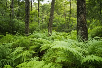 Obraz premium Lush ferns flourishing in an evergreen forest of Tasmania showcasing vibrant nature and tranquility, Evergreen Tasmania forest nature landscape Fern plants and trees