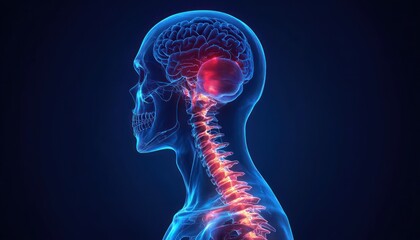 3D visualization of the human upper skeleton including skull, brain, and cervical spine with highlighted vertebrae in a glowing medical illustration style