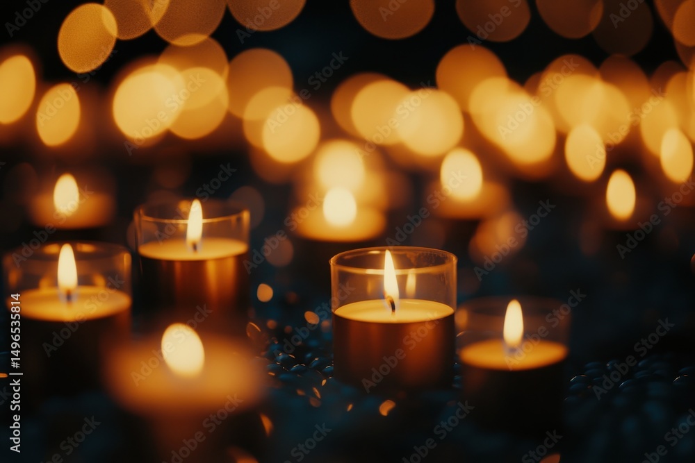 Poster burning candles create warm glow in a serene bokeh atmosphere at twilight, blurred bokeh background 
