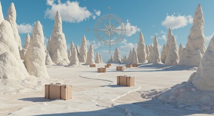 Surreal Desert Landscape with Tall Sand Formations, Scattered Cargo Boxes, and a Floating Compass Guiding the Way