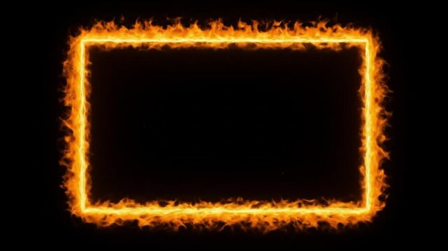 Fiery rectangular frame with bright orange and yellow flames creating a dramatic border isolated on black background