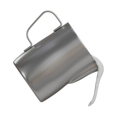 Realistic 3D render of a silver stainless steel frothing pitcher pouring a smooth stream of milk