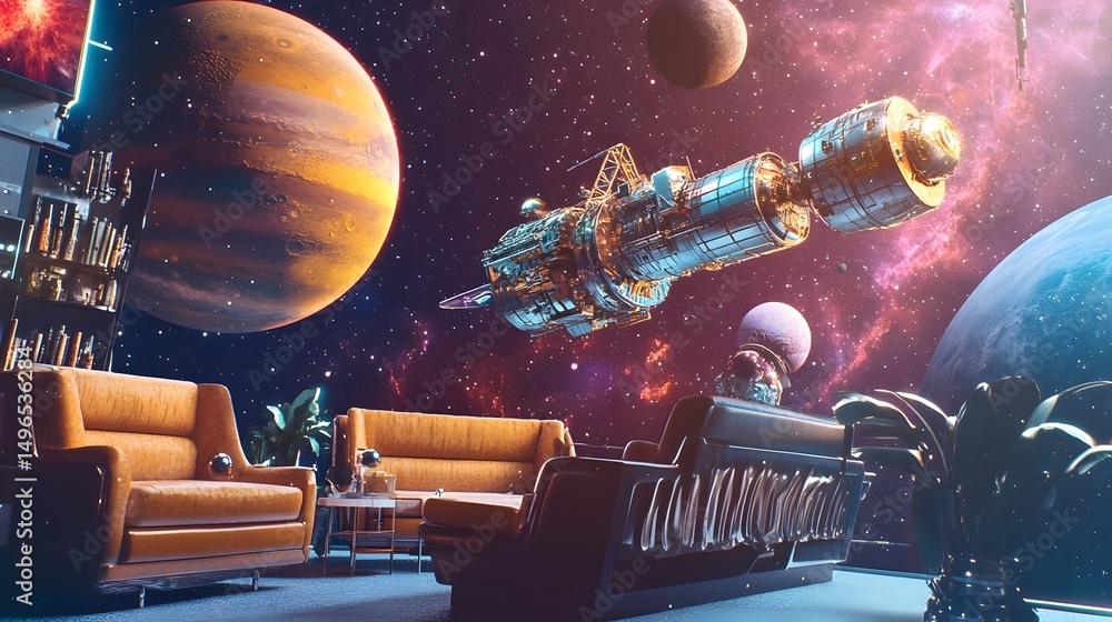 Poster futuristic space interior with orbiting planets and a large spaceship.