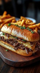 Close-up of a toasted sandwich filled with melted cheese and seasoned beef served on a wooden board with a side of golden fries