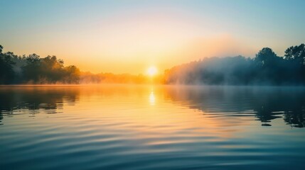 Obraz premium Serene lake at sunrise with mist rising from the water.