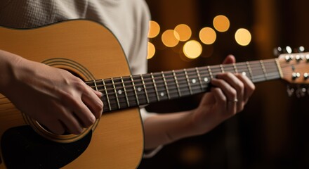 Close-up of Hands Playing an Acoustic Guitar with Warm, Blurry Bokeh Lights in the Background