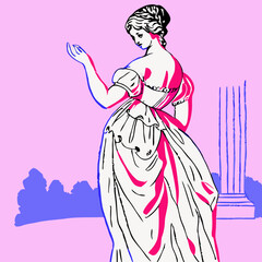 Elegant Woman in Vintage Dress, Back View Illustration