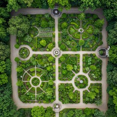Aerial View of Lush Green Geometric Garden
