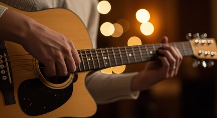 Close-up of Hands Playing an Acoustic Guitar with Warm, Blurry Bokeh Lights in the Background