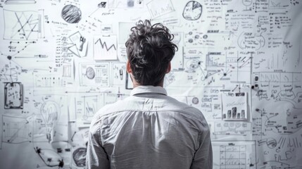 Designer brainstorming ideas on a whiteboard covered with drawings.