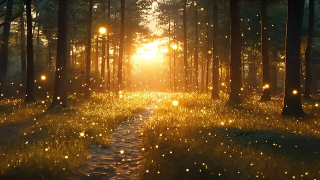 Enchanted Forest Path: Sunlit Trail Through a Mystical Woodland with Sparkling Lights