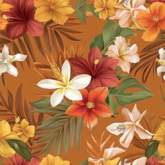 Obraz premium Tropical Floral Pattern with Hibiscus and Plumeria Flowers