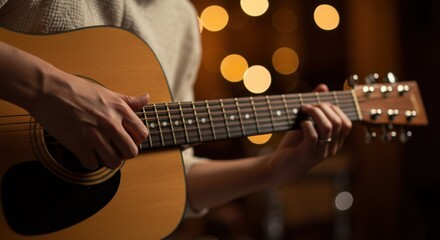 Close-up of Hands Playing an Acoustic Guitar with Warm, Blurry Bokeh Lights in the Background