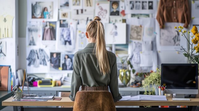 Designer's desk with an inspiration board full of fashion sketches.