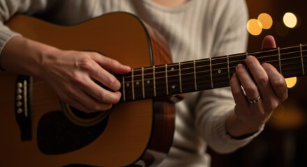 Close-up of Hands Playing an Acoustic Guitar with Warm, Blurry Bokeh Lights in the Background