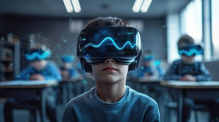 Young boy wearing virtual reality headset with glowing blue digital wave pattern inside a classroom setting with other students also wearing VR headsets